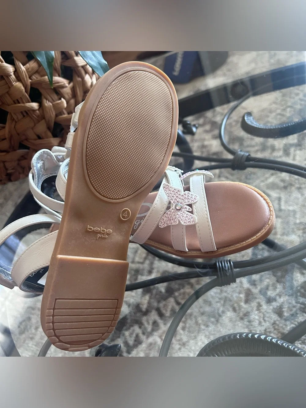 bebe Girl's Strappy Sandals with Rhinestone Butterfly Appliques